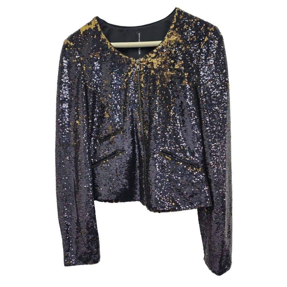 W118 By Walter Baker Womens Moto Jacket Small Black Sequine Cropped‎ Holiday NWT